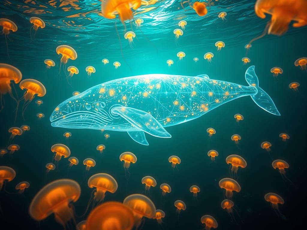 Surreal Underwater Scene of a Glowing Glass Whale in a Golde...