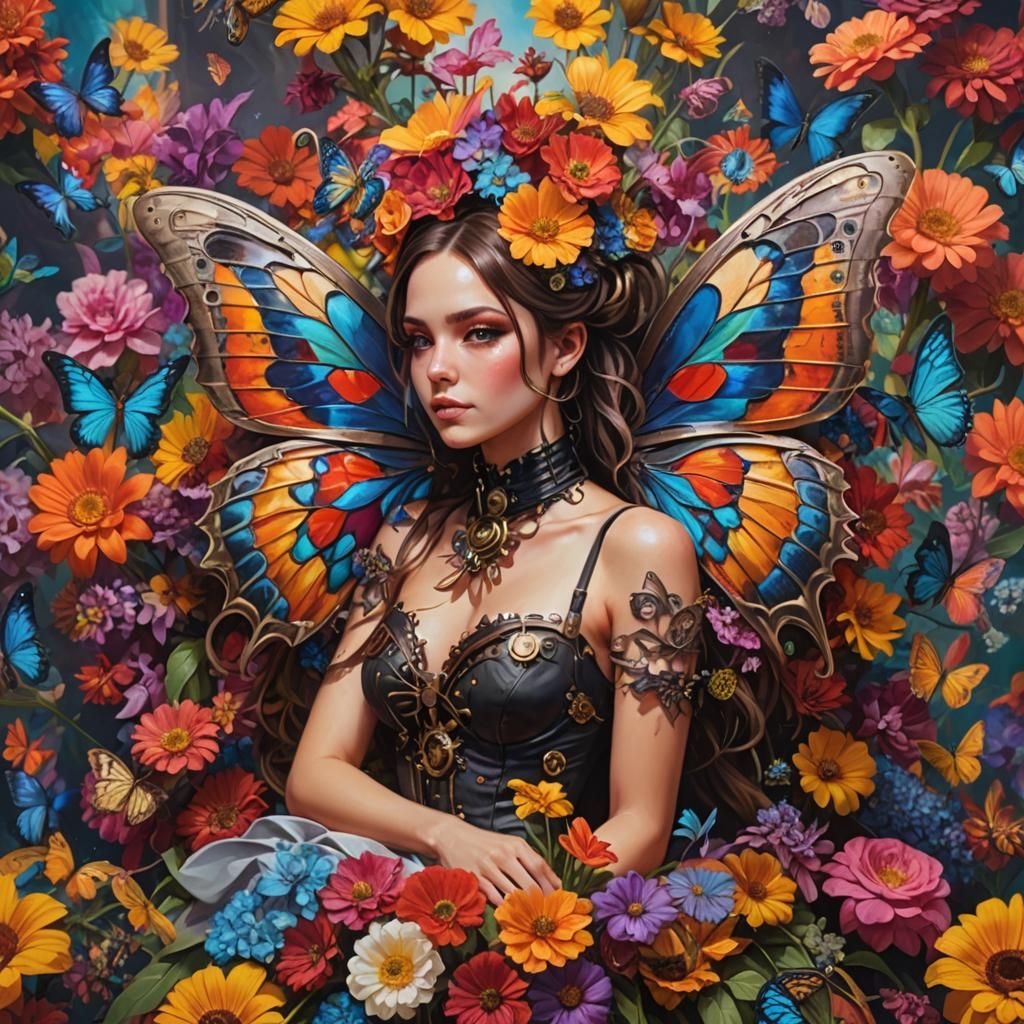 Steampunk Butterfly Woman on Colorful Flowers