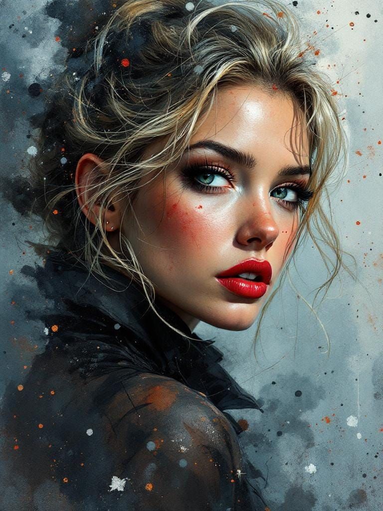 Vintage Pin-Up in Whiskey-Splatter Watercolor Style