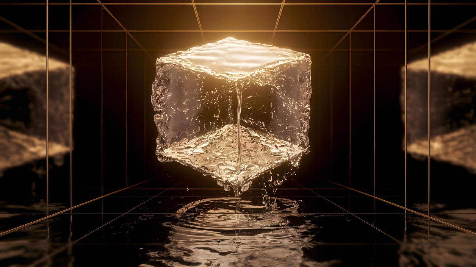 Surreal Water Cube Illuminated in a Golden Black Room