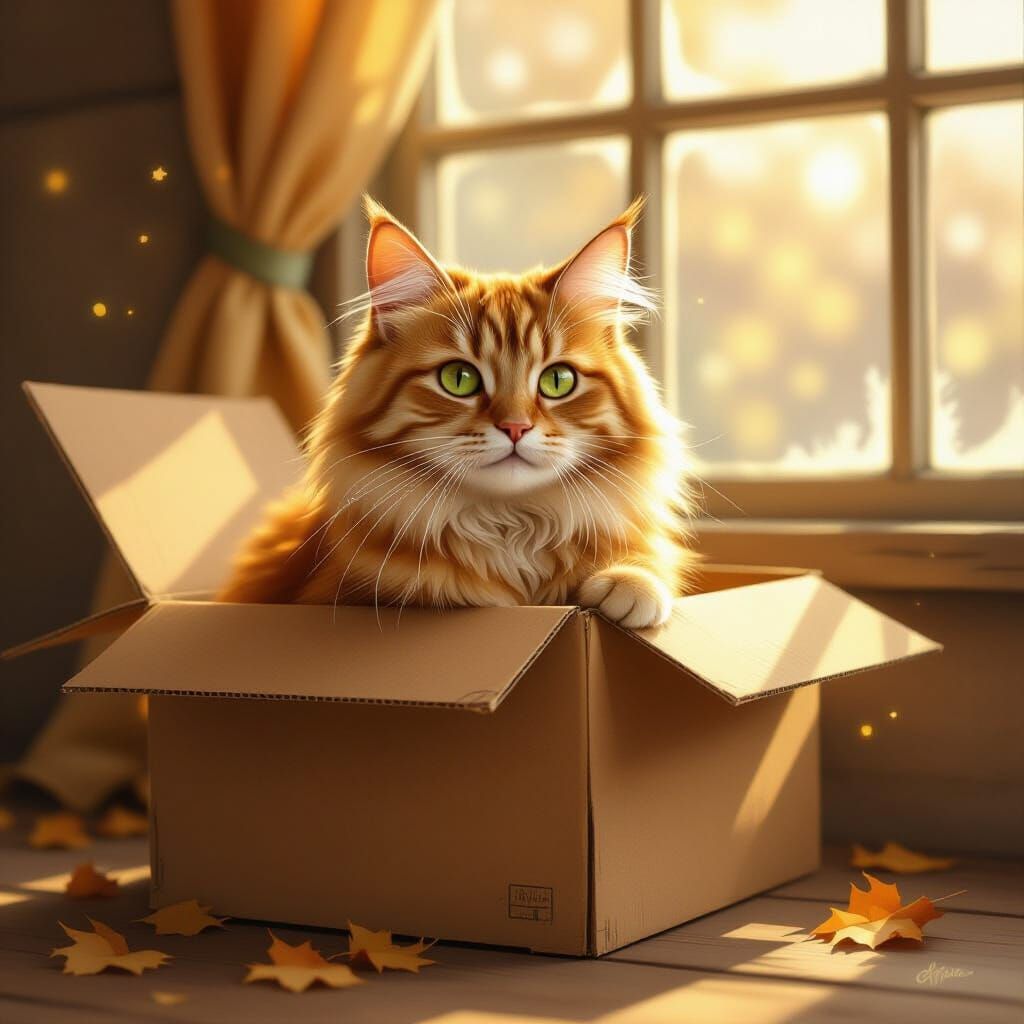 Orange Tabby Cat in Box with Olive Eyes, Soft Painterly Styl...