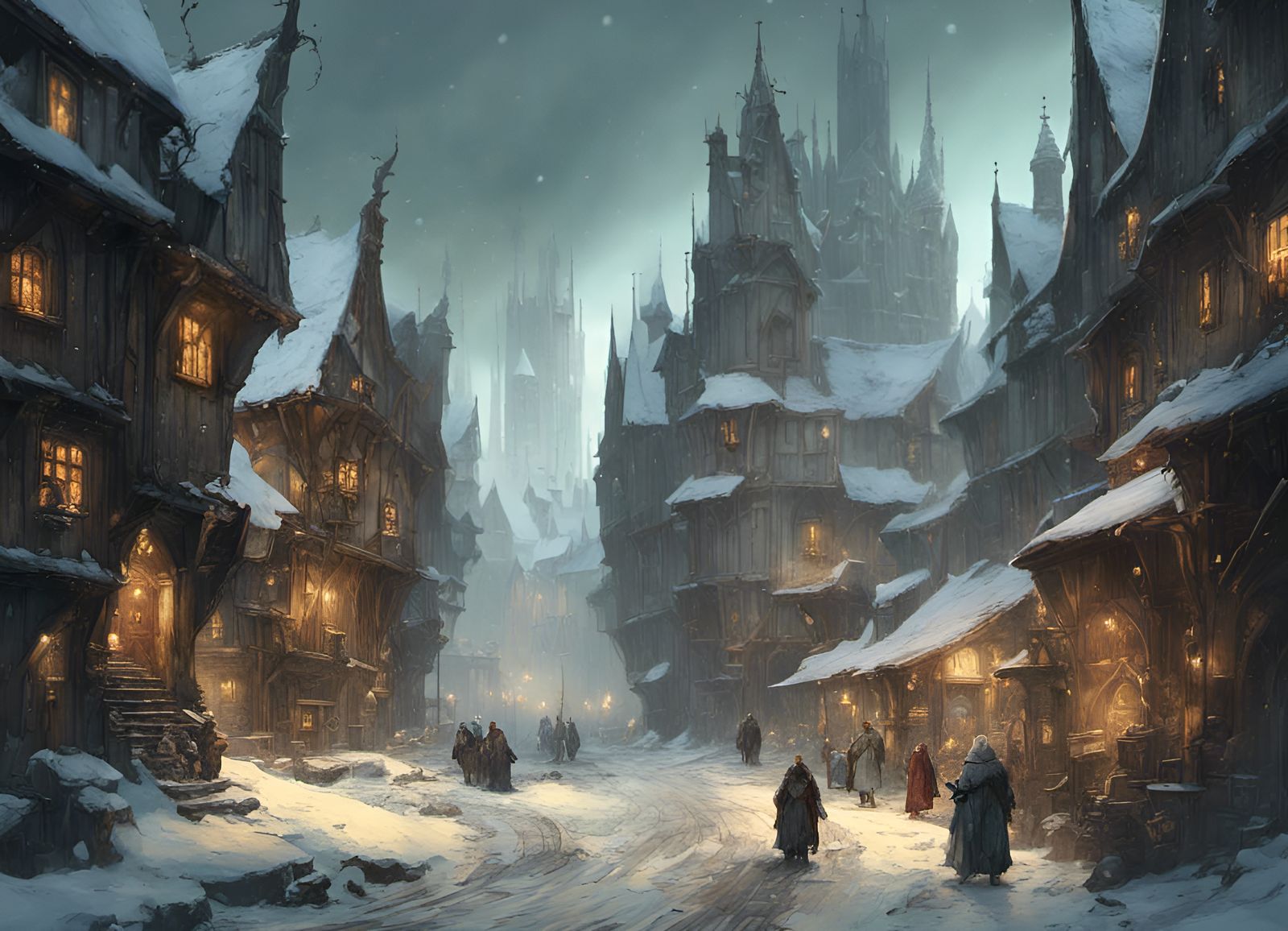 Winter Fantasy Medieval City Digital Art