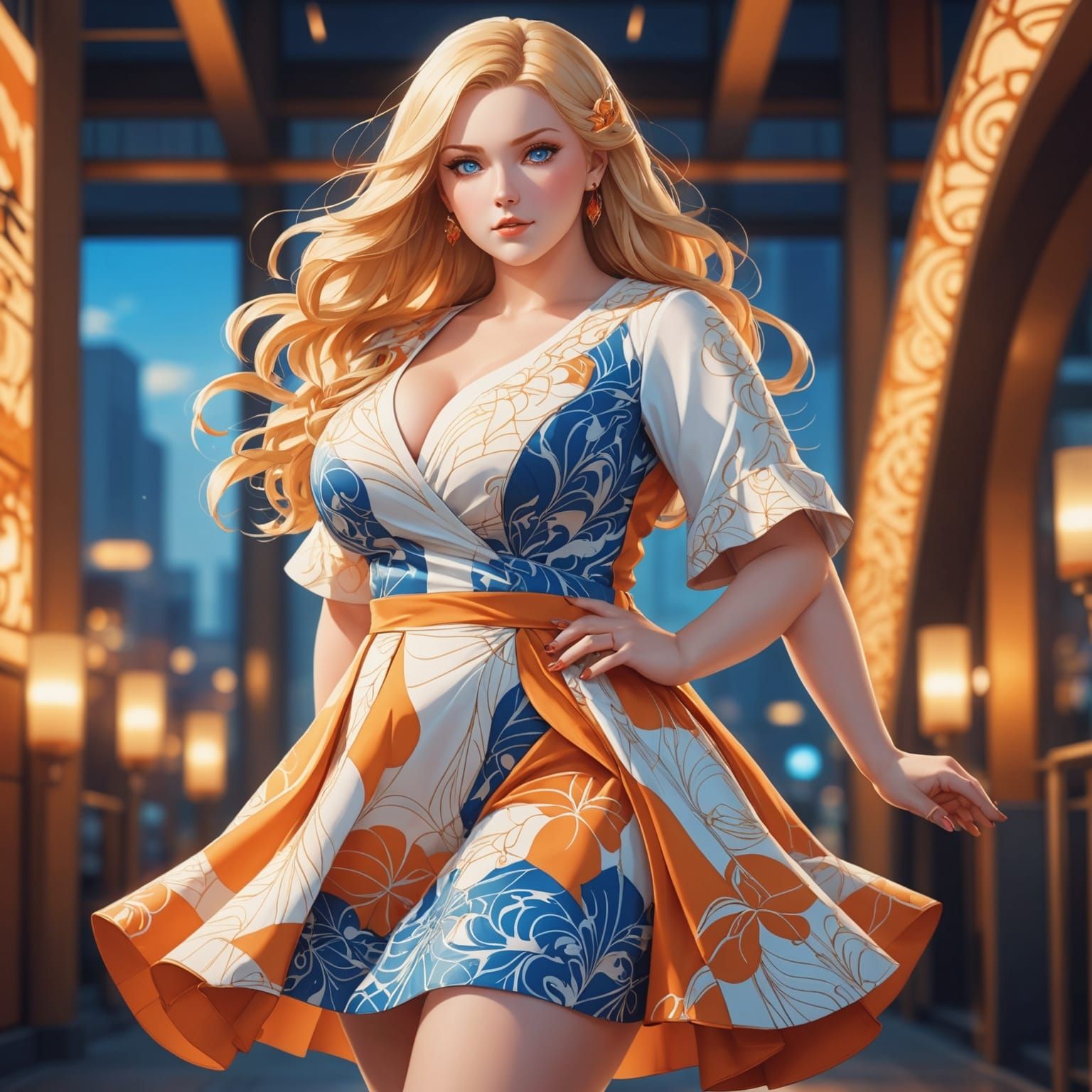Vibrant Anime Portrait of Curvy Woman in Orange Dress