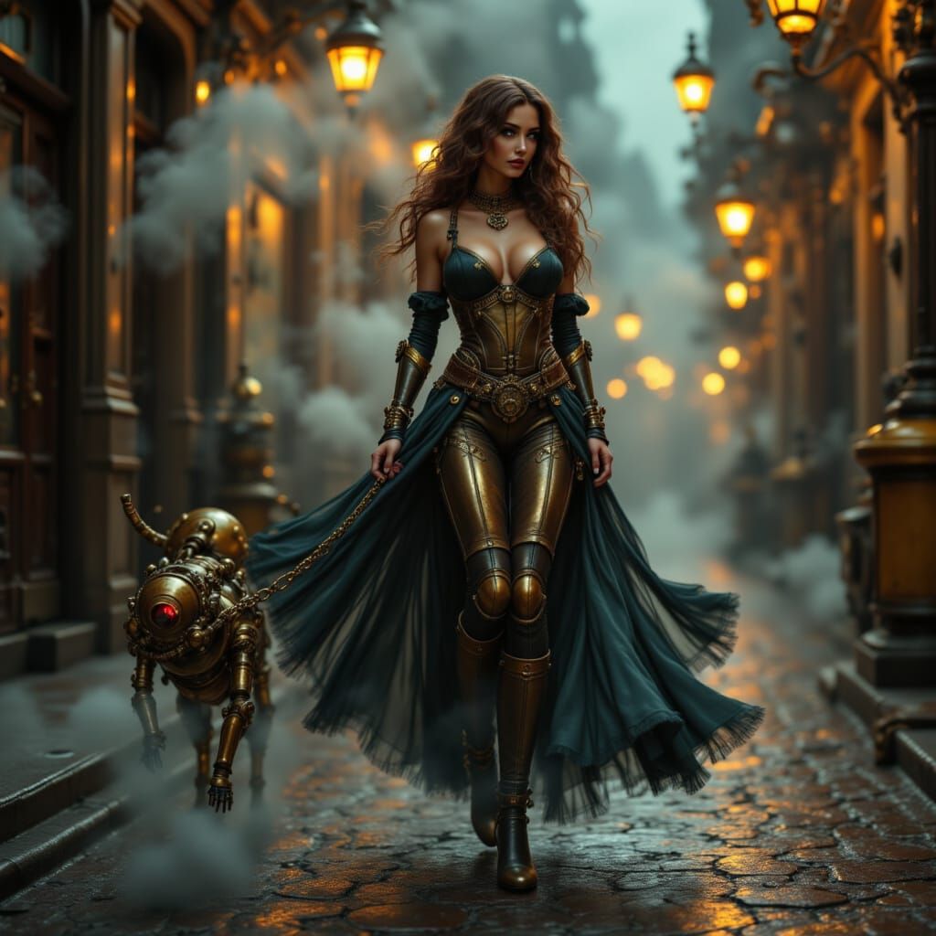 Steampunk Woman and Robot Cat on Gaslit Street