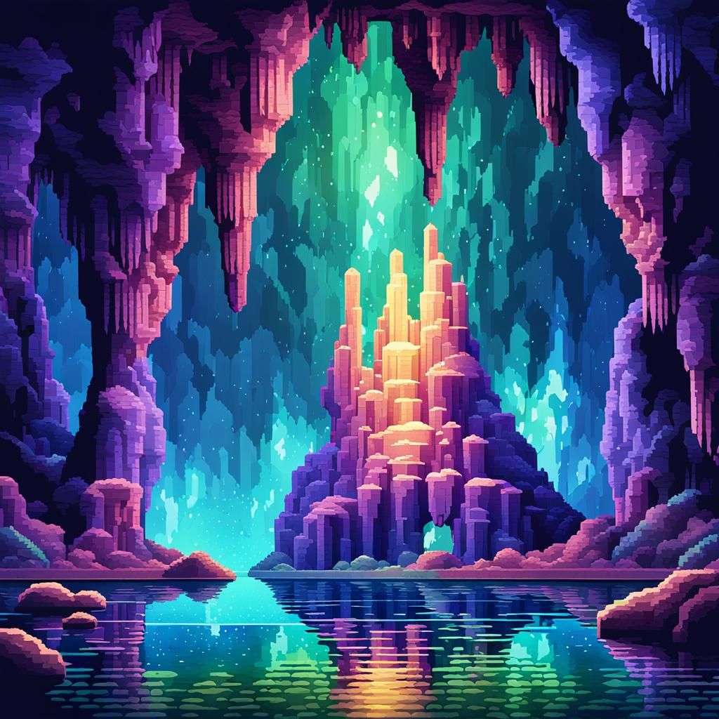 Pixel Art Cavern with Glowing Crystals