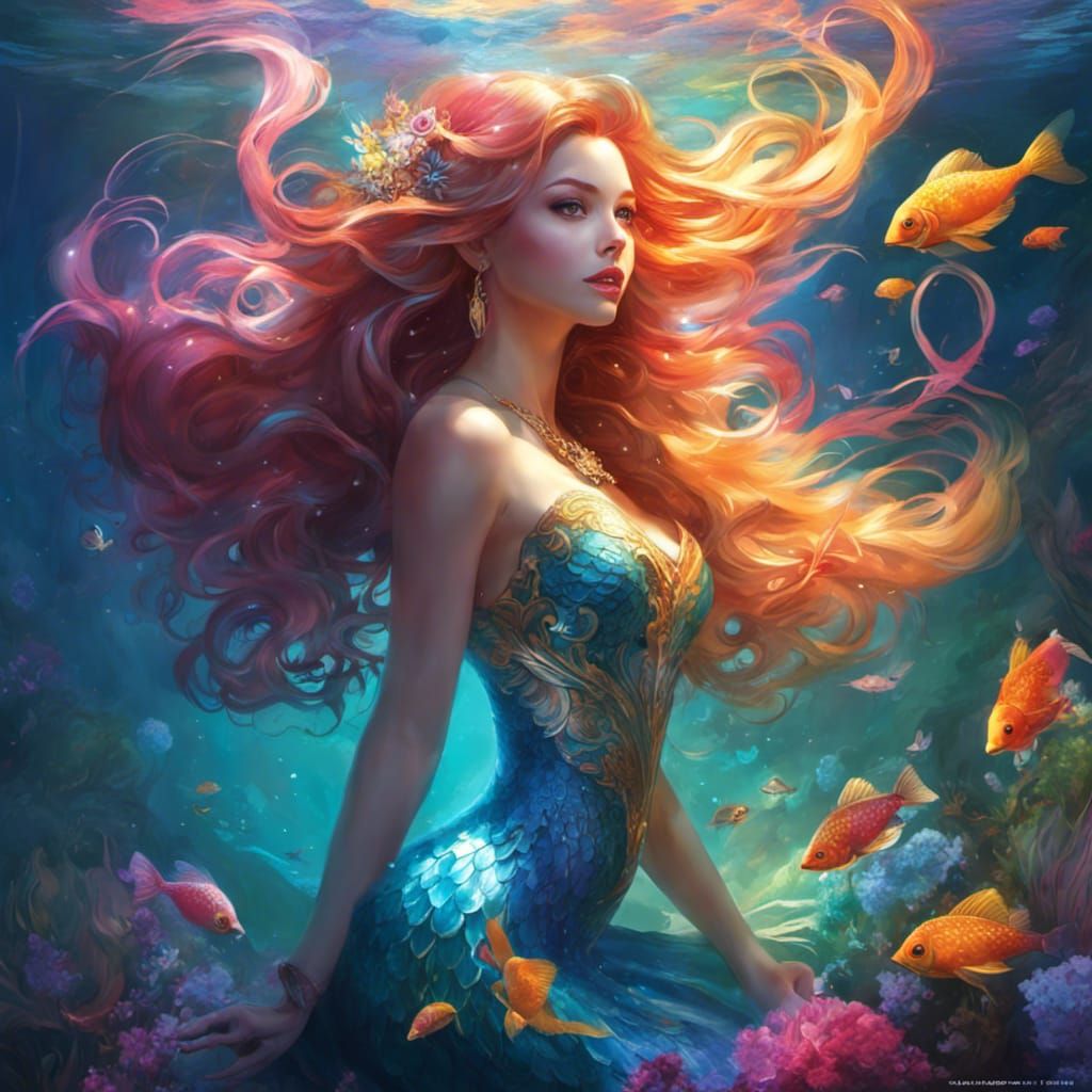 Enchanting Mermaid in Underwater City, Digital Art