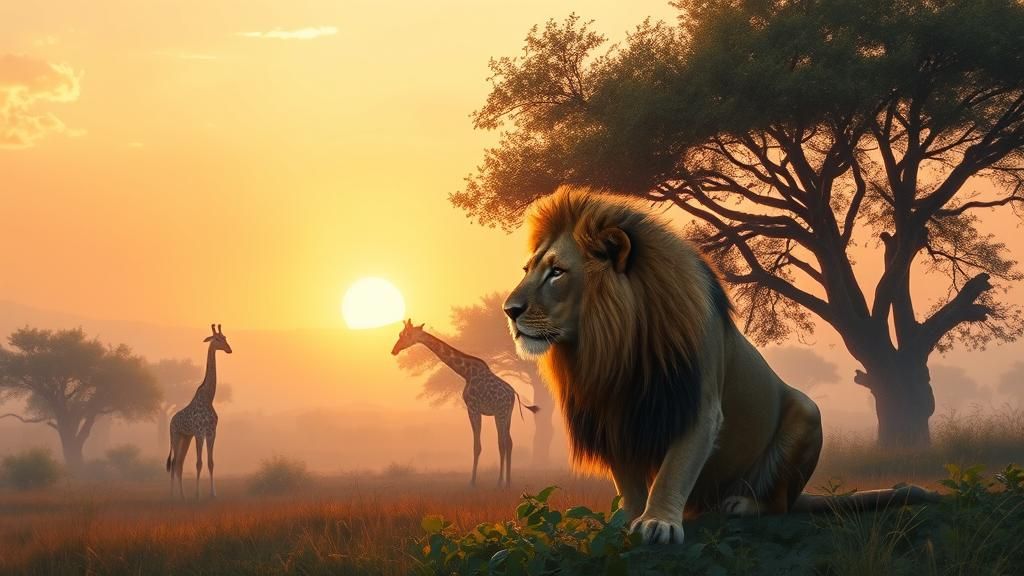 Lioness and Giraffe in Misty Savannah Sunset