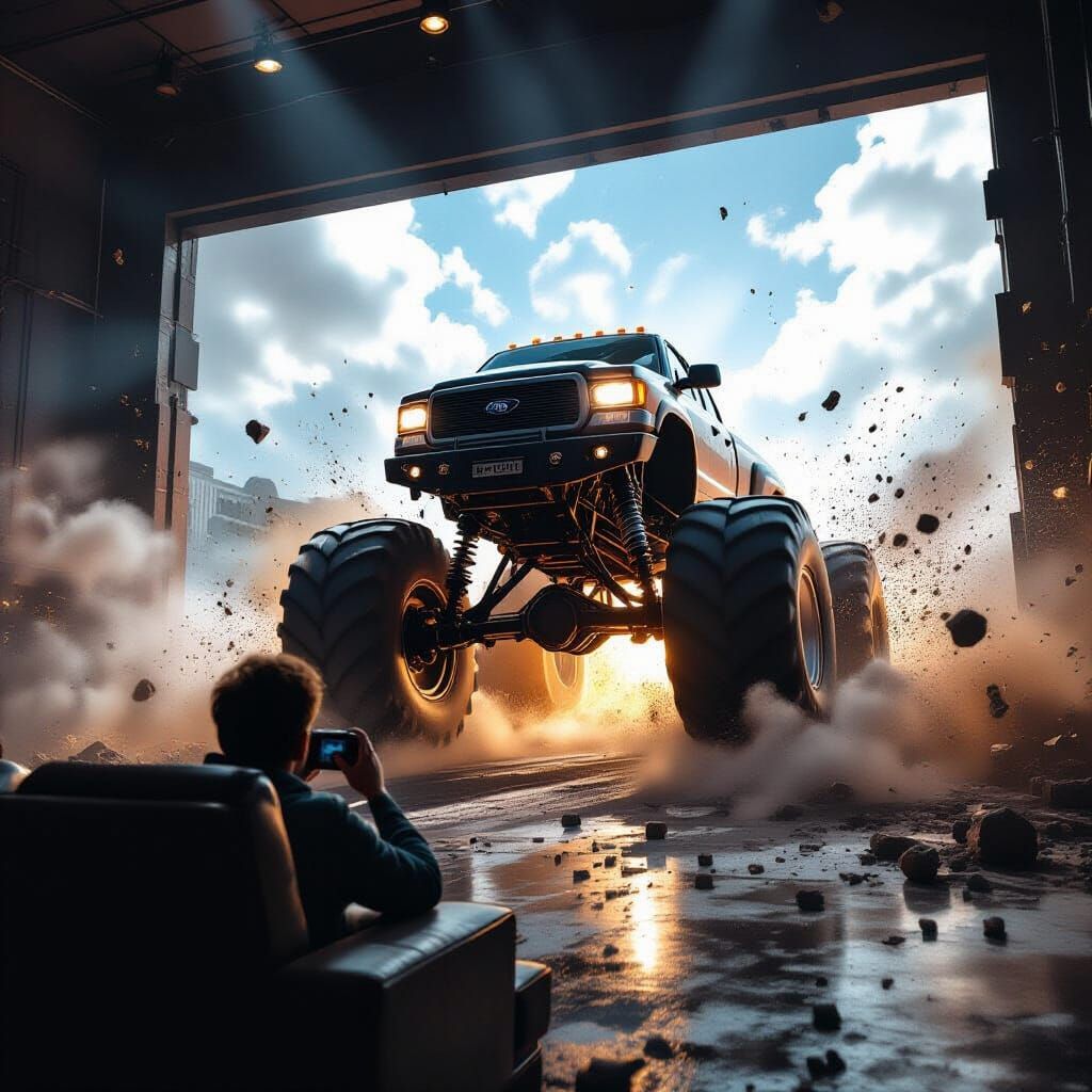 Monster Truck Crashes Movie Night in Cinematic Action Scene