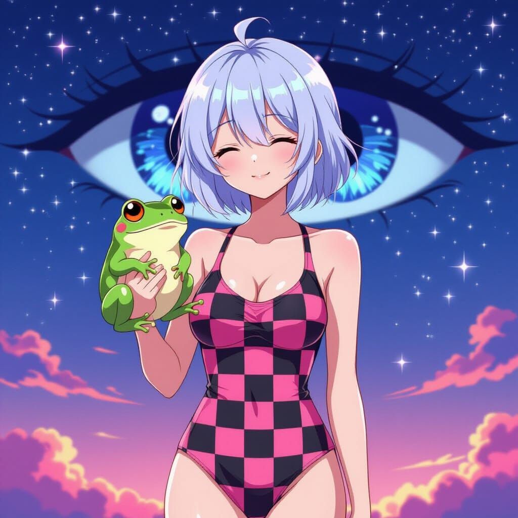 Anime Emo Girl with Frog in Starry Sky