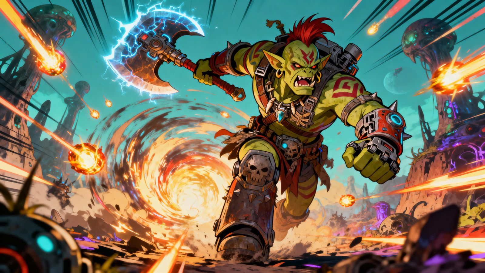 Ork Warrior Charges Into Battle With Energy Axe
