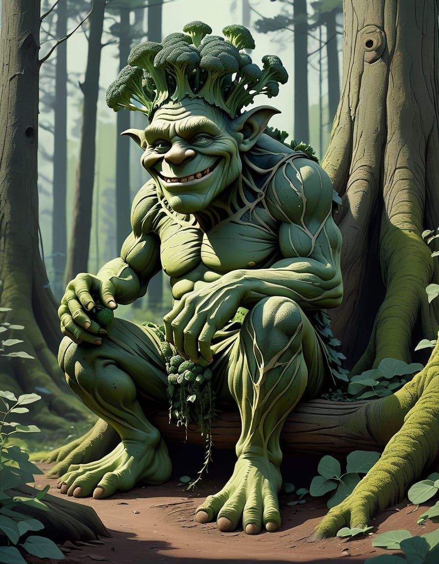 Emerald Green Troll Sculpture with Feline Companion in Whims...