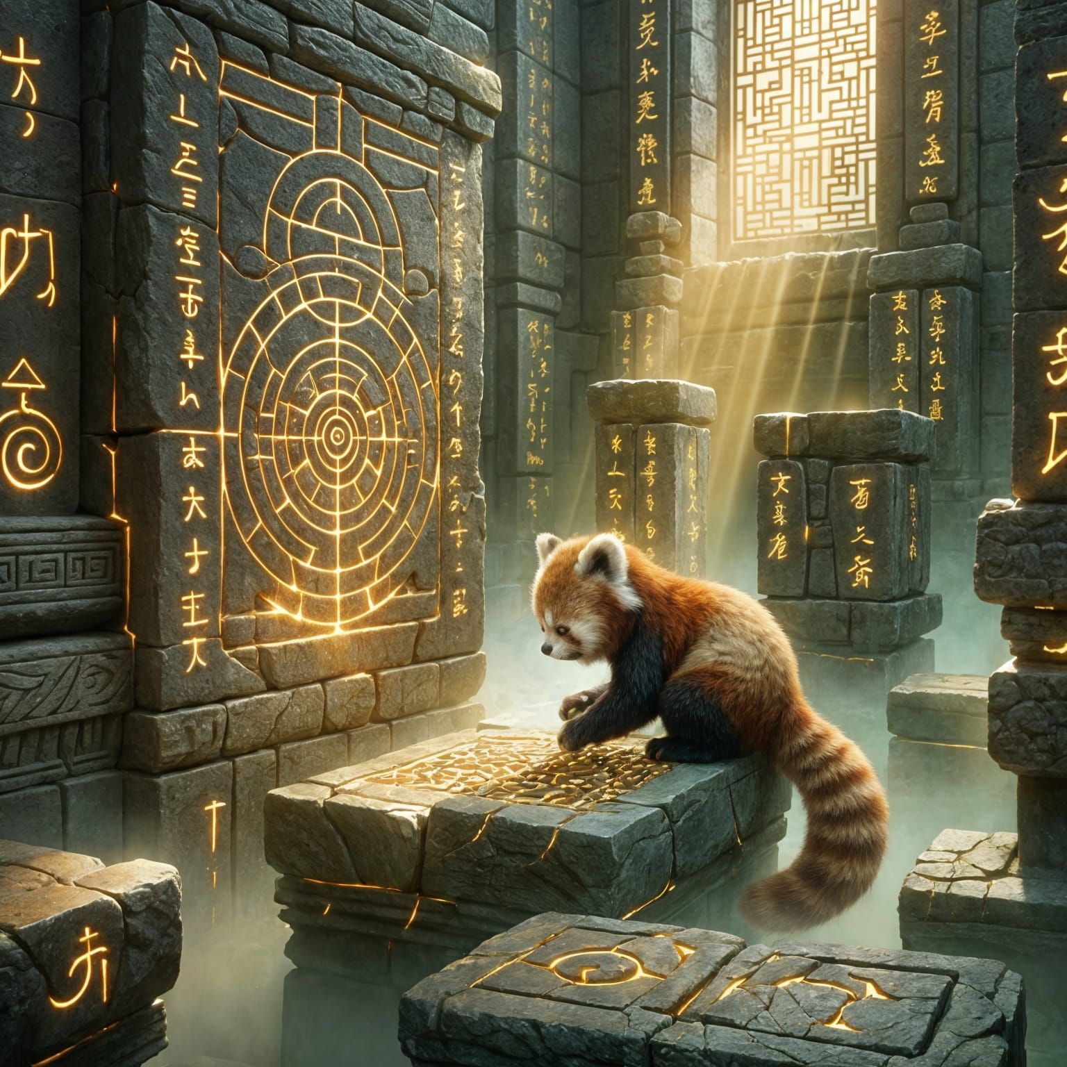 Red Panda Solves Ancient Temple Puzzles with Glowing Runes