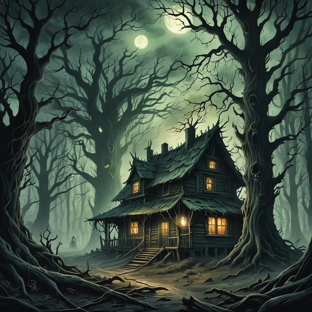 Eerie Wood Cabin in Misty Dark Fantasy Forest