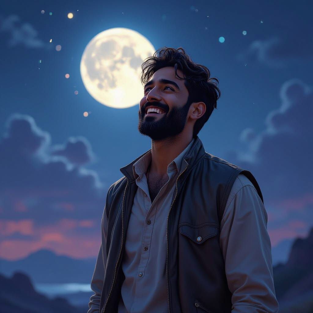 Joyful Man Under Lunar Light, Fantastical Matte Painting