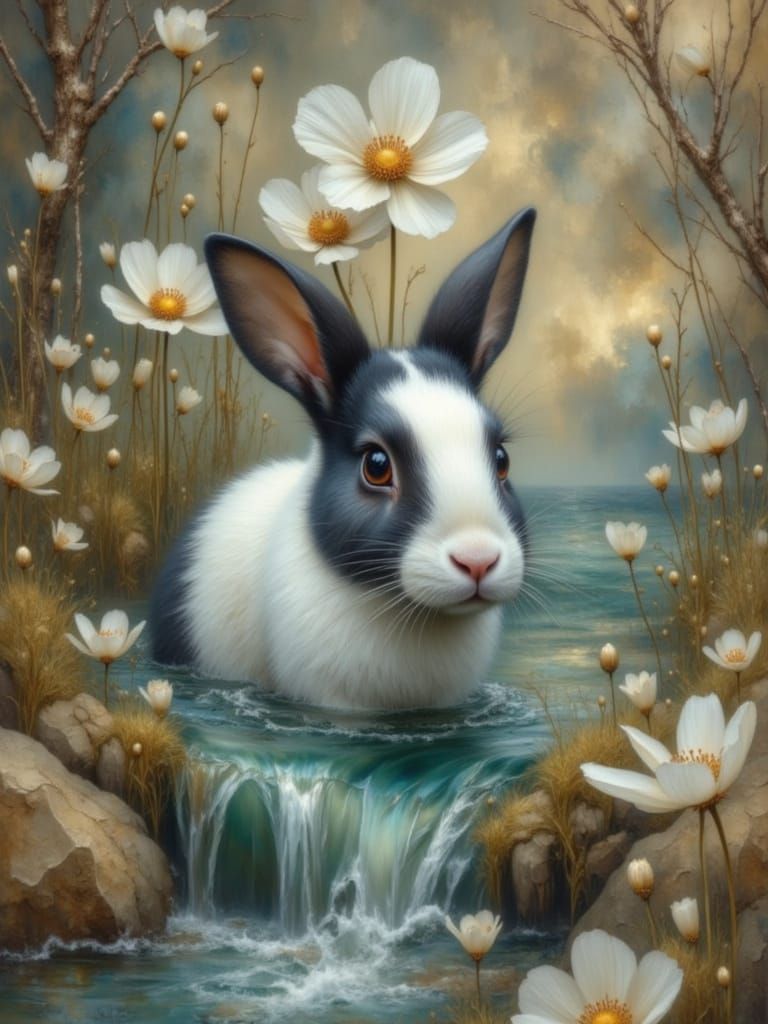 White Rabbit in Teal Spring River with Cosmic Mist