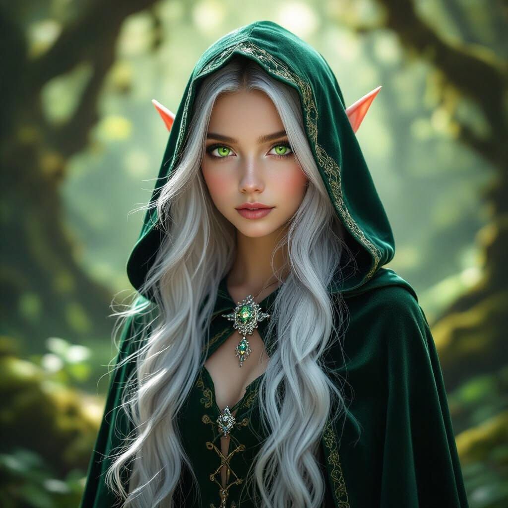 Ethereal Elf Girl in Emerald Cape in Sun-Dappled Forest