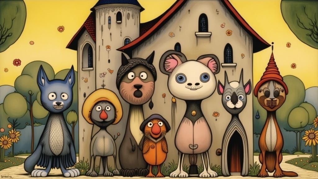 Whimsical Cartoon Scene with Animals Outside a Storybook Chu...