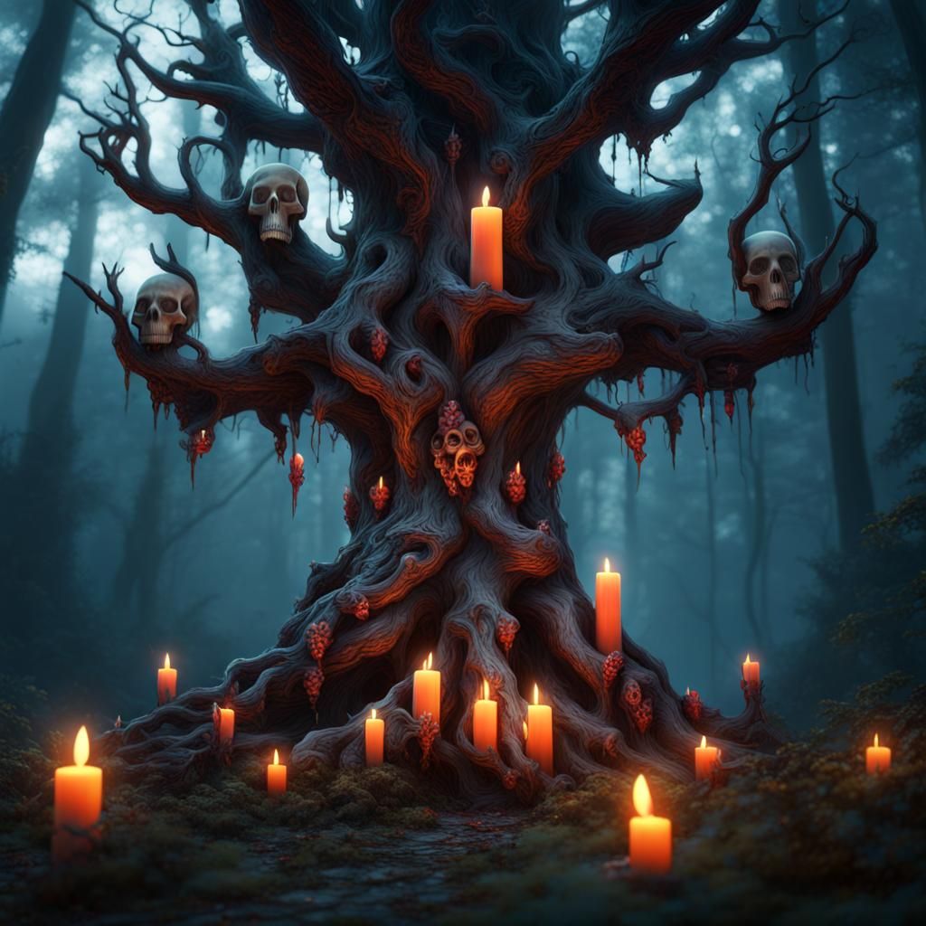 Glowing Candle Tree and Skulls: Fantasy Concept Art