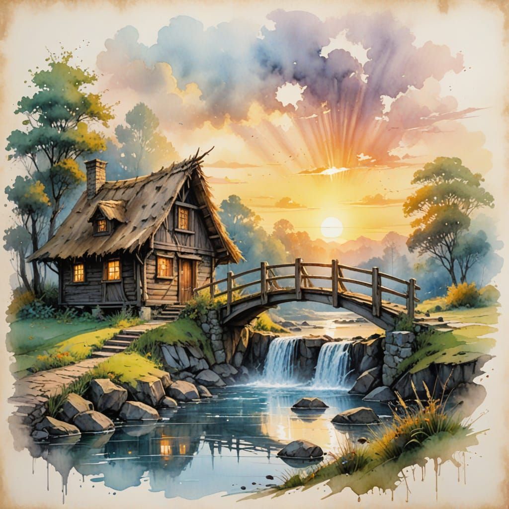 Quaint Cottage Waterfall Scene in Watercolour Style