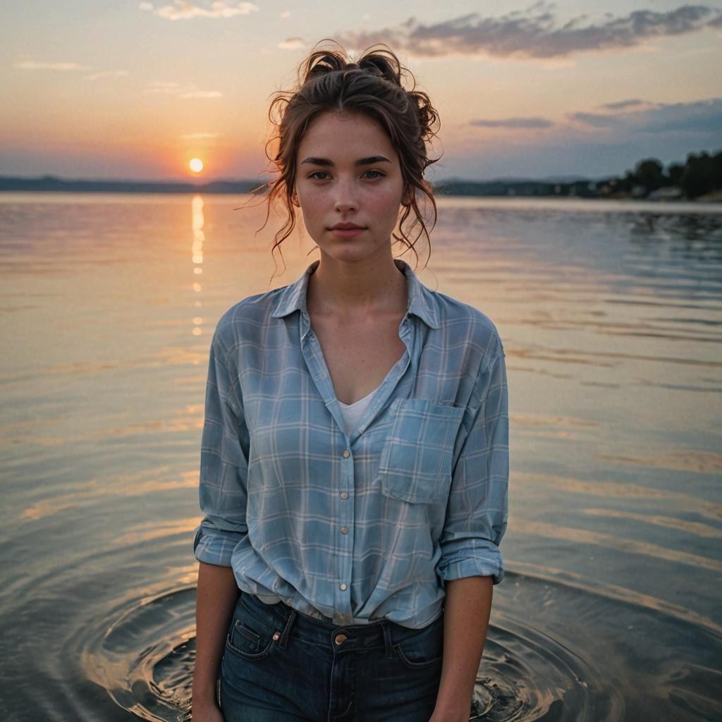 Woman in Lake at Sunset: A Moment of Joy