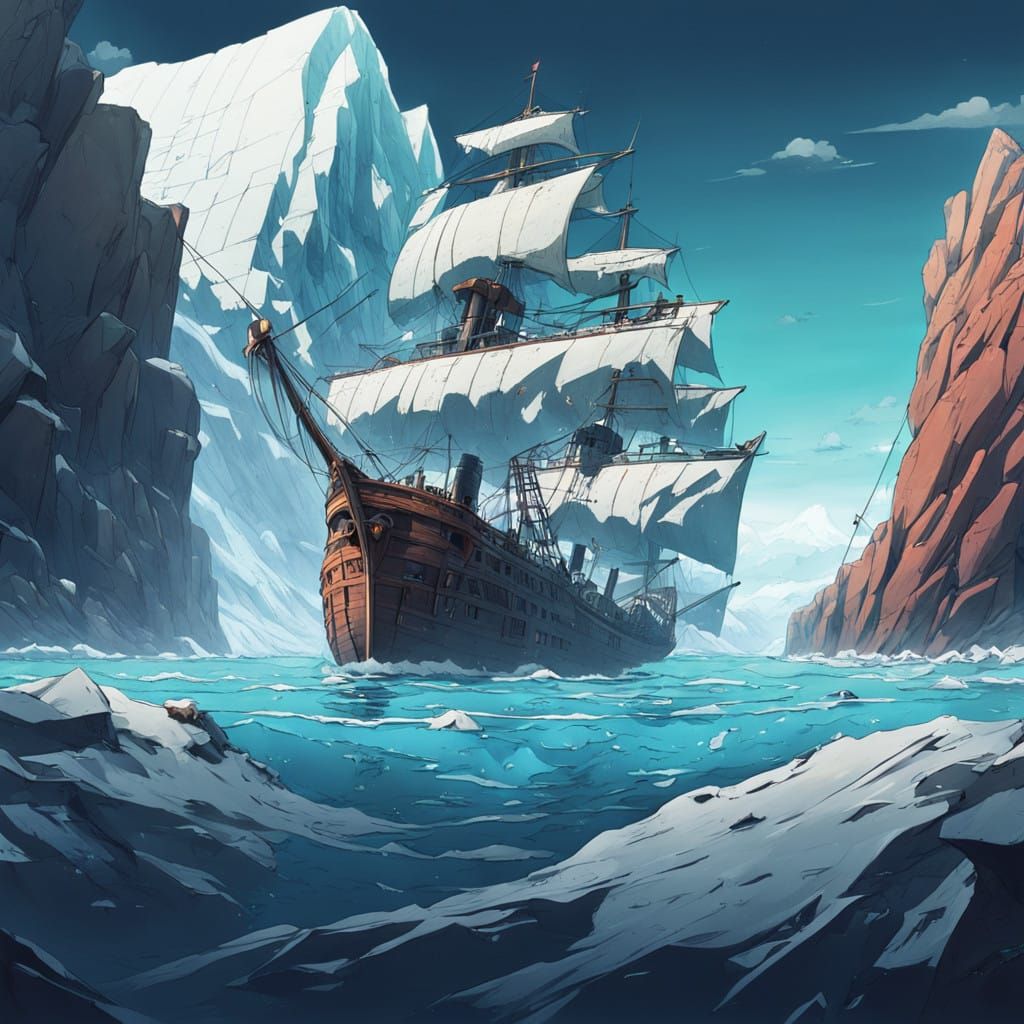 Cyberpunk Shipwreck Amidst an Iceberg