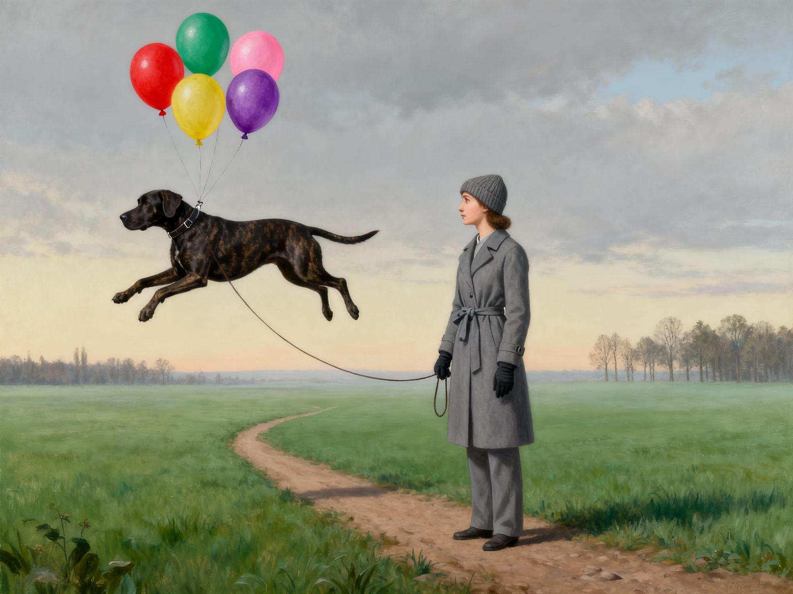 Woman with Floating Dog in Whimsical Field