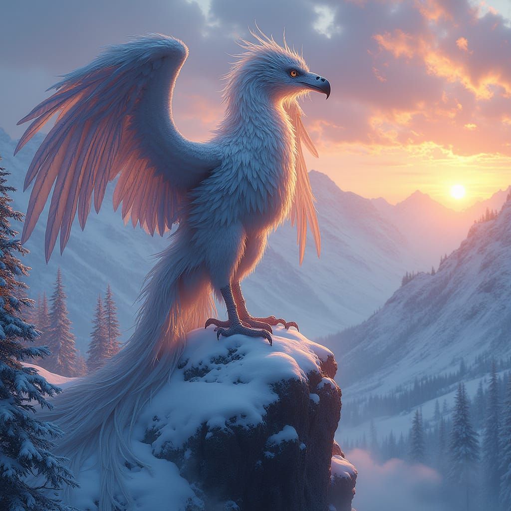 Iridescent Griffin Overlooking Frozen Forest, Hyperrealistic...