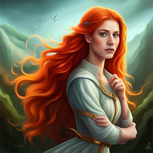 Fiery Red-Haired Woman in a Magical Realm