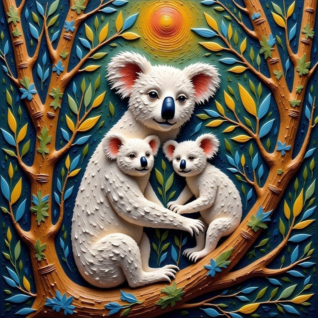 White Koala Family in Fractal Stained Glass