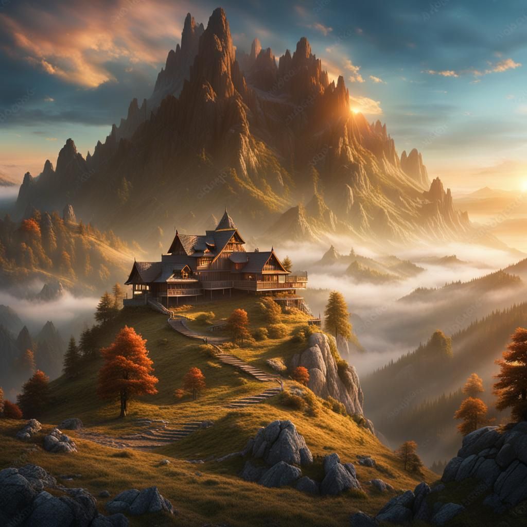 Misty Mountain Sunset: Epic Digital Matte Painting