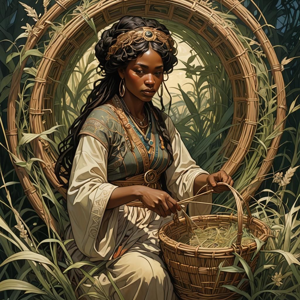 Person Weaving Basket in Art Nouveau Style