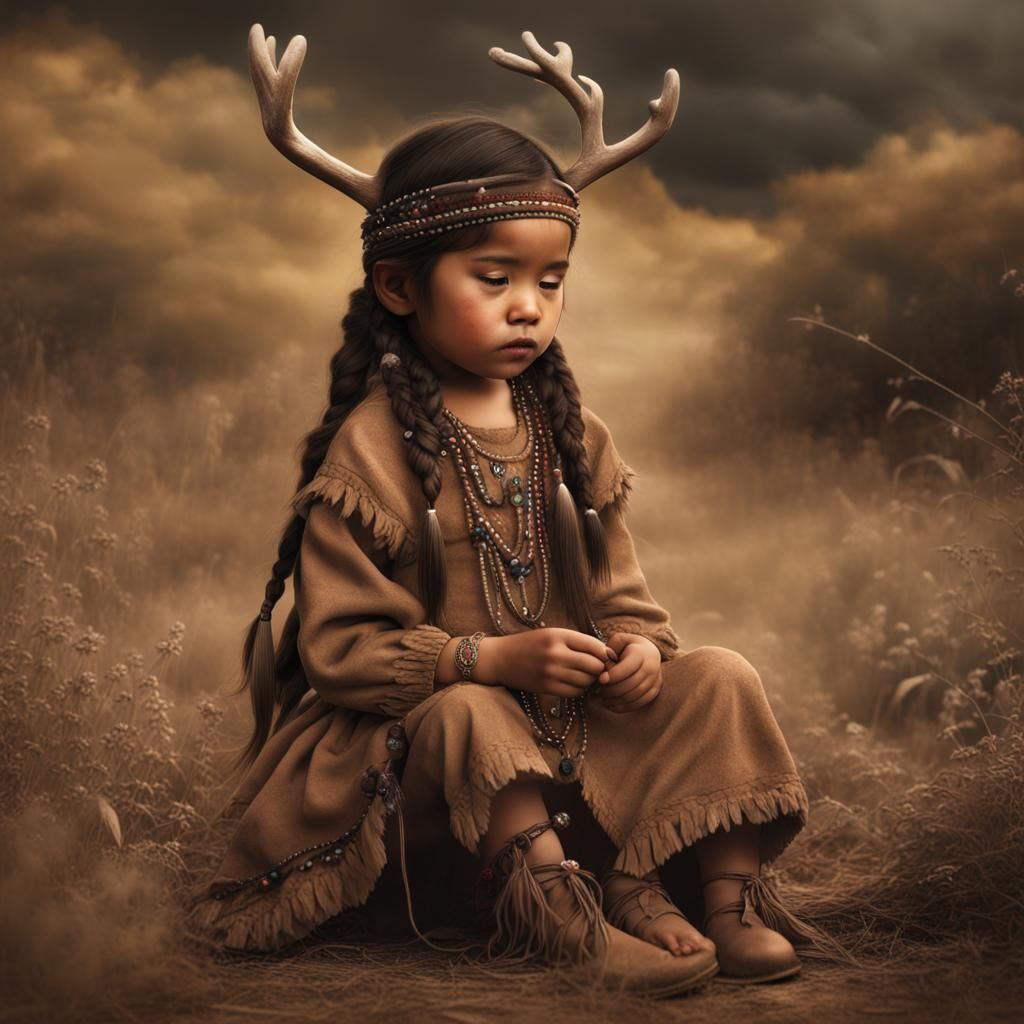 Native American Girl Picking Berries in Old West