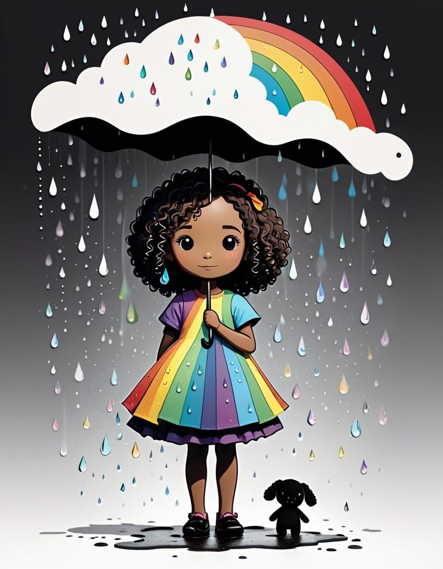 Minimalist Doodle of Girl with Umbrella and Rainbow
