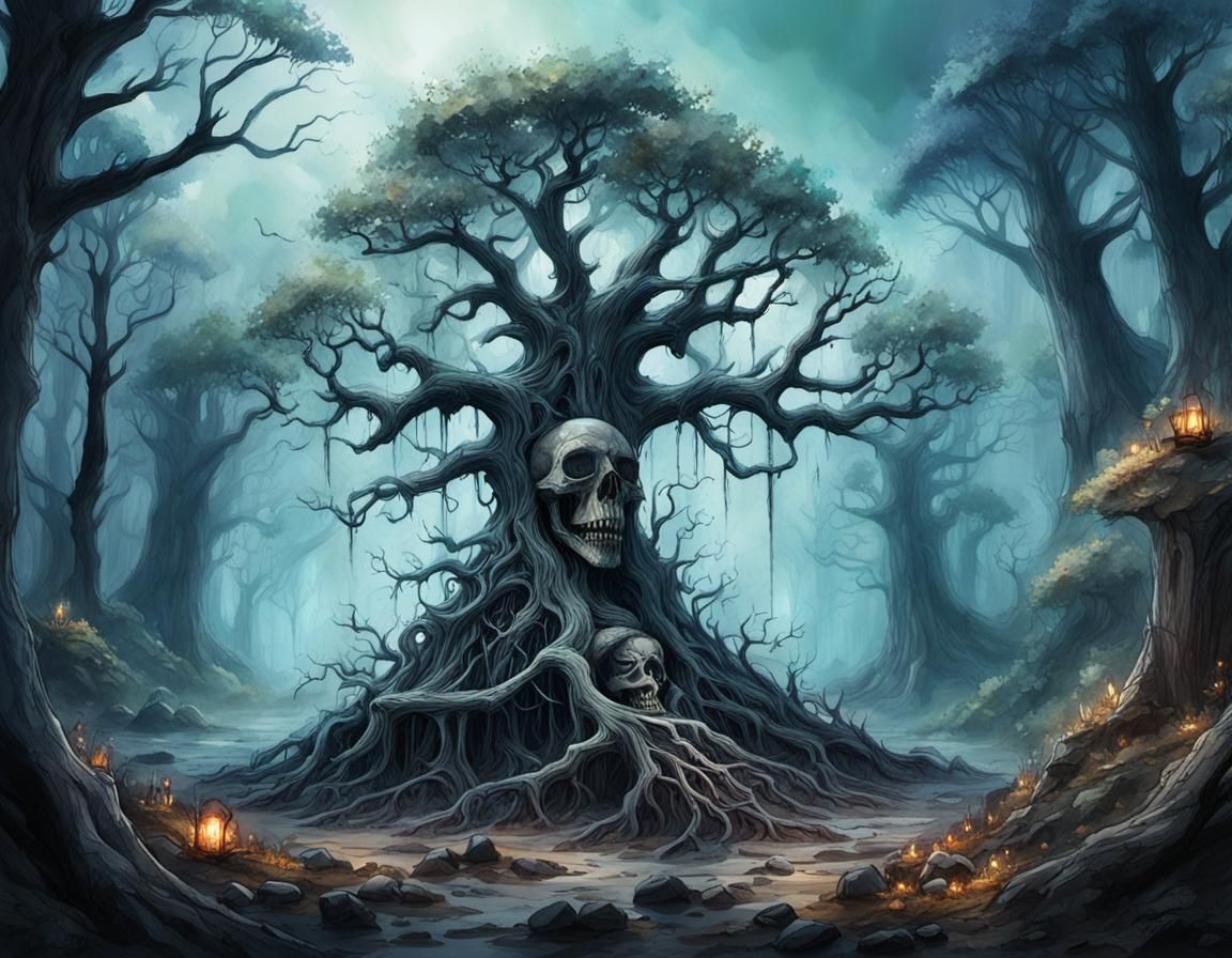 Mystical Skeleton Tree in Watercolor Forest
