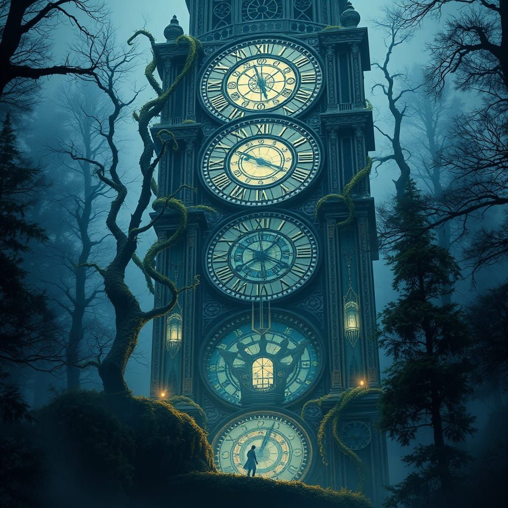 Ethereal Clocktower Rises from Mystical Forest in Cyberpunk...