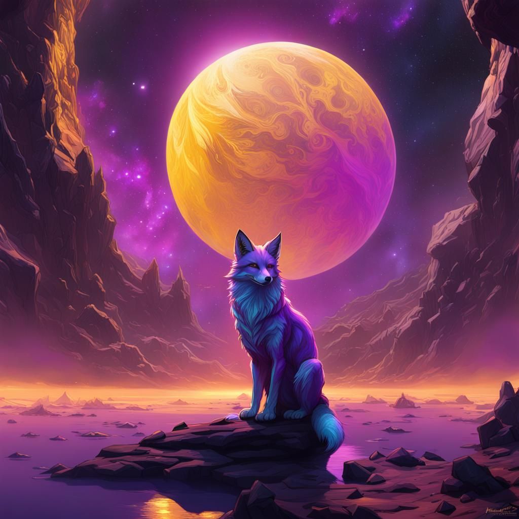 Space Fox near Uranus in Dark Fantasy Style