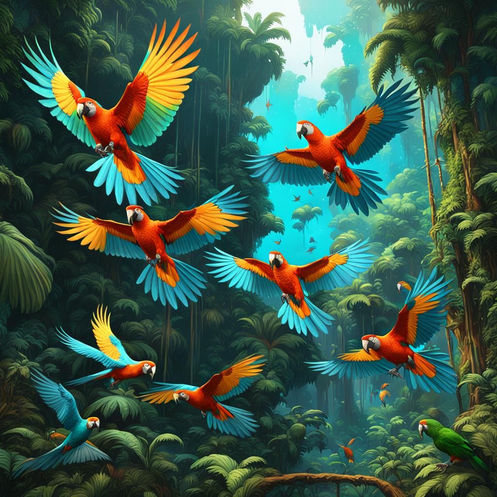 Parrots Fly Above Rainforest in Digital Art Style