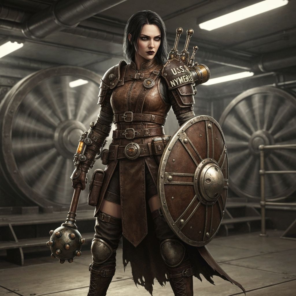 Steampunk Warrior Rina in Ship's Mechanical Room