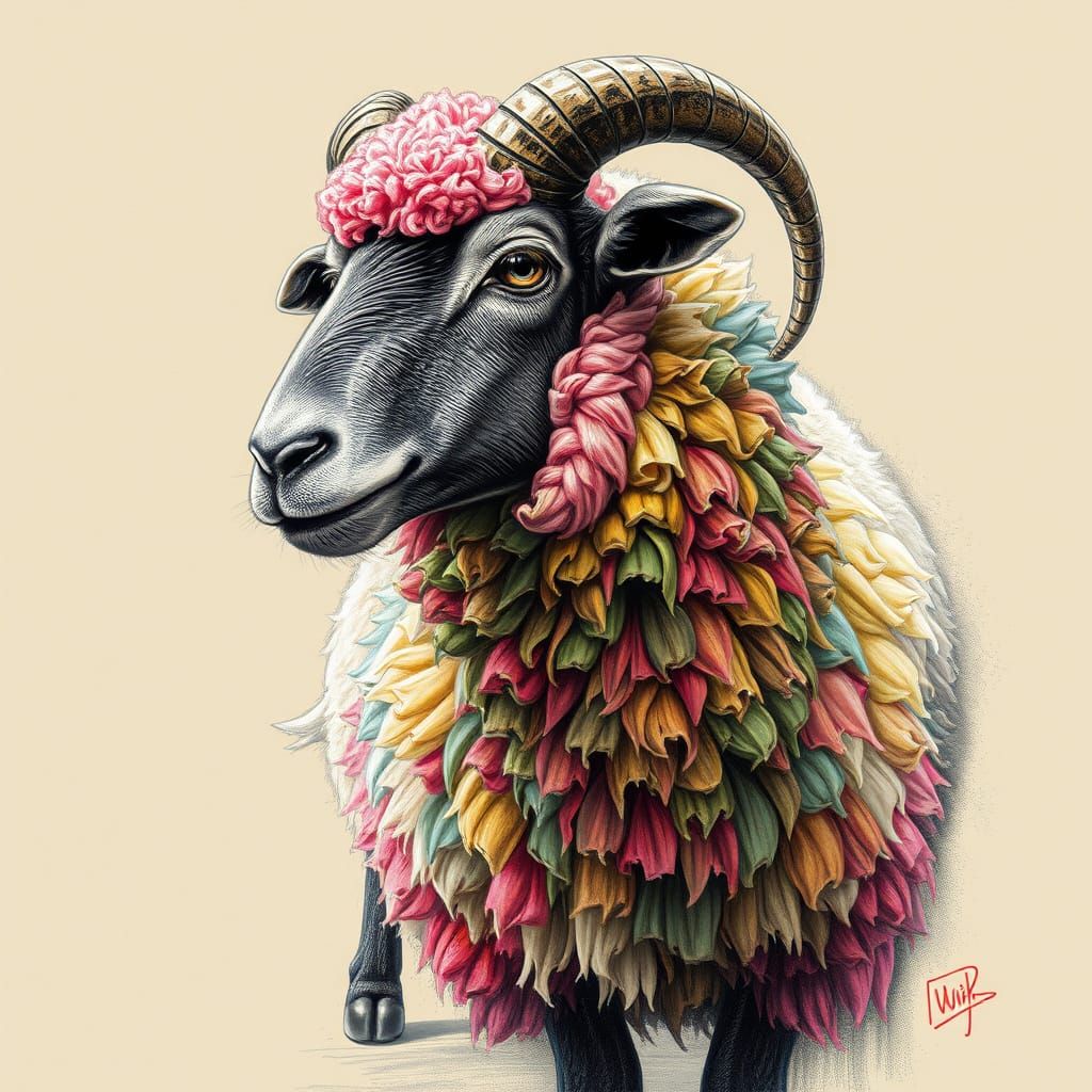 Vibrant Multi-Colored Sheep in Charcoal Drawing Style