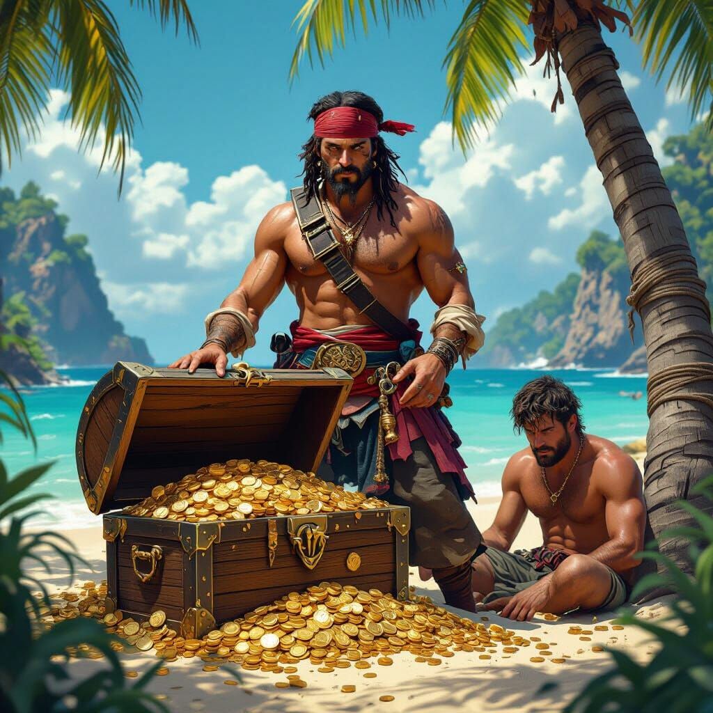 Shirtless Pirate Finds Treasure Map on Tropical Island