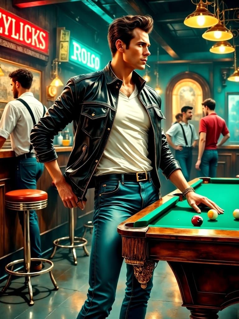 Cool Greaser Plays Pool in 1950s Retro Style
