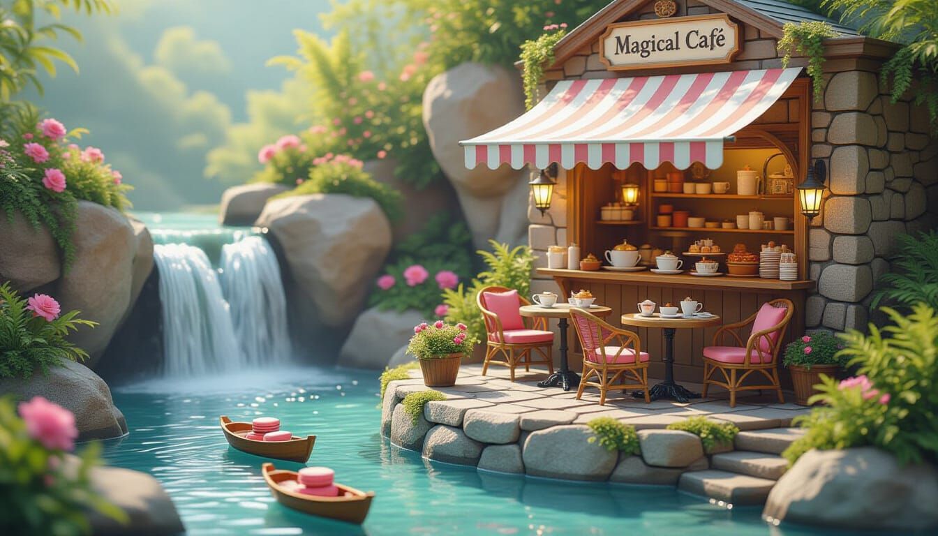 Magical Mini Cafe On Waterfall In Pastel Tones