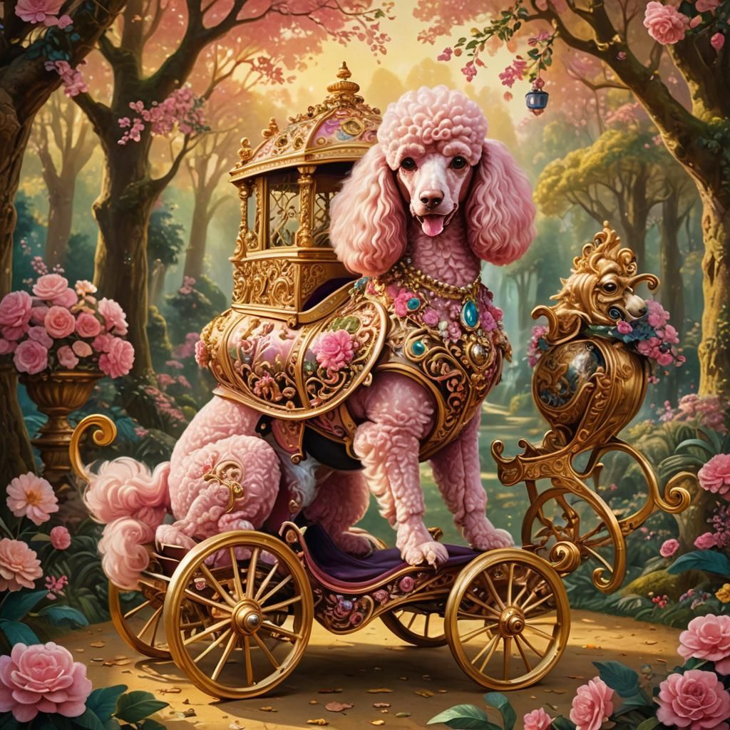 Pink Poodle in Rococo Carriage: Fantasy Art