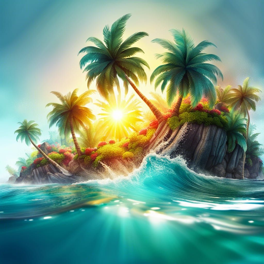 Hyperrealistic Tropical Island Scene with Palm Trees