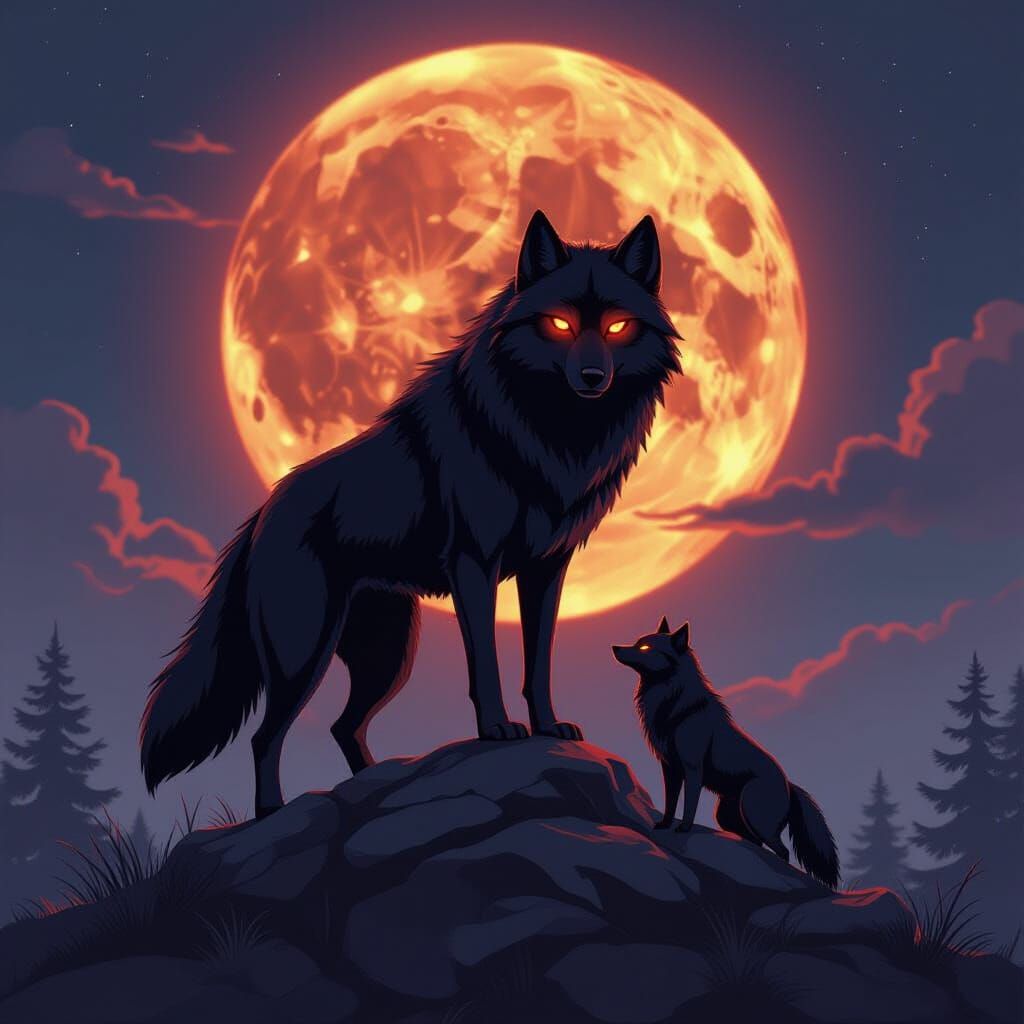Black Wolf Pack Meeting Under Blood Moon in Anime Style