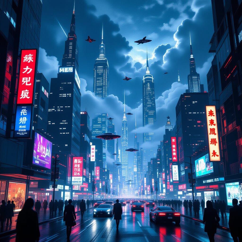 Futuristic Cityscape at Night in Hyperrealistic Style