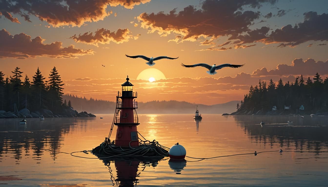 Seagulls on Buoy at Maine Coast Sunrise