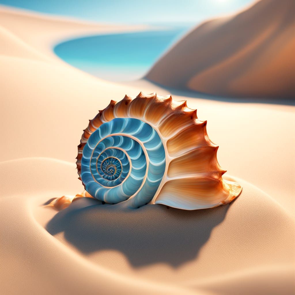Spiral Seashell on Sandy Beach in Warm Sunset Light