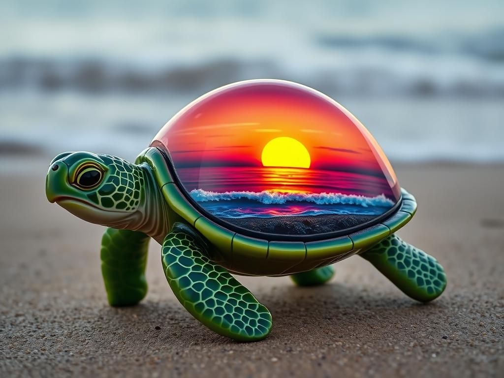 Glass Sea Turtle Sculpture with Sunset Beach Scene