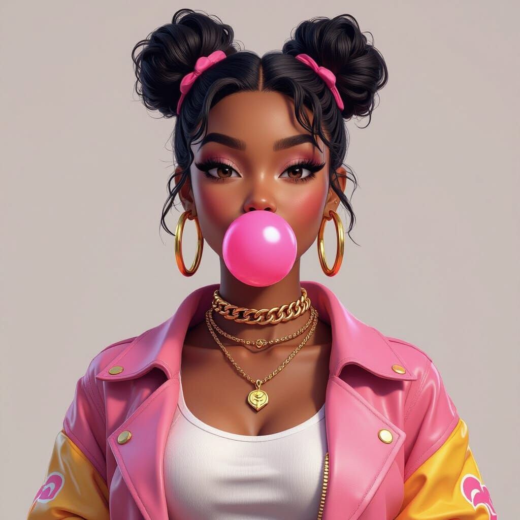 Black Woman Blowing Pink Bubblegum in Anime 3D Art